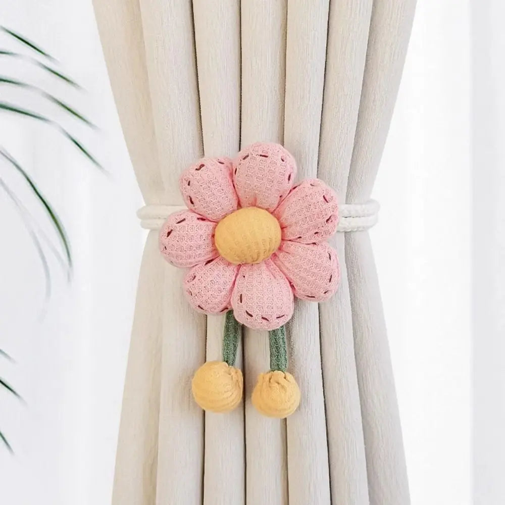 fournitures rideaux coton ornements fleurs reliefs pompons beige rose jaune vert chambre enfants