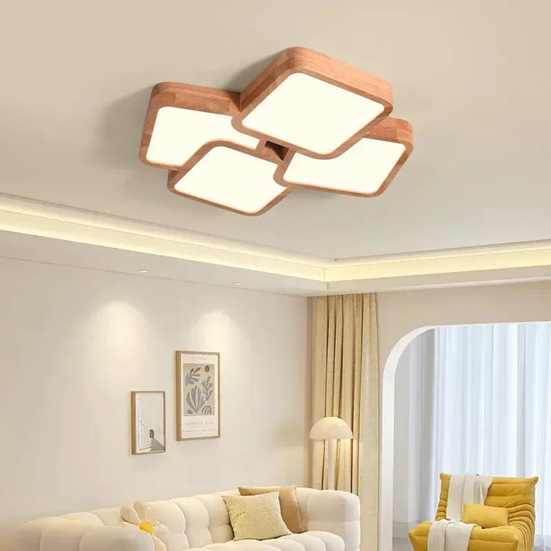 luminaire bois clair géométrique minimaliste éclairage salon moderne blanc