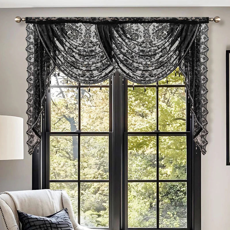 rideau voilé dentelle fleur romantique chambre maison noir blanc gris translucide tringle rideau