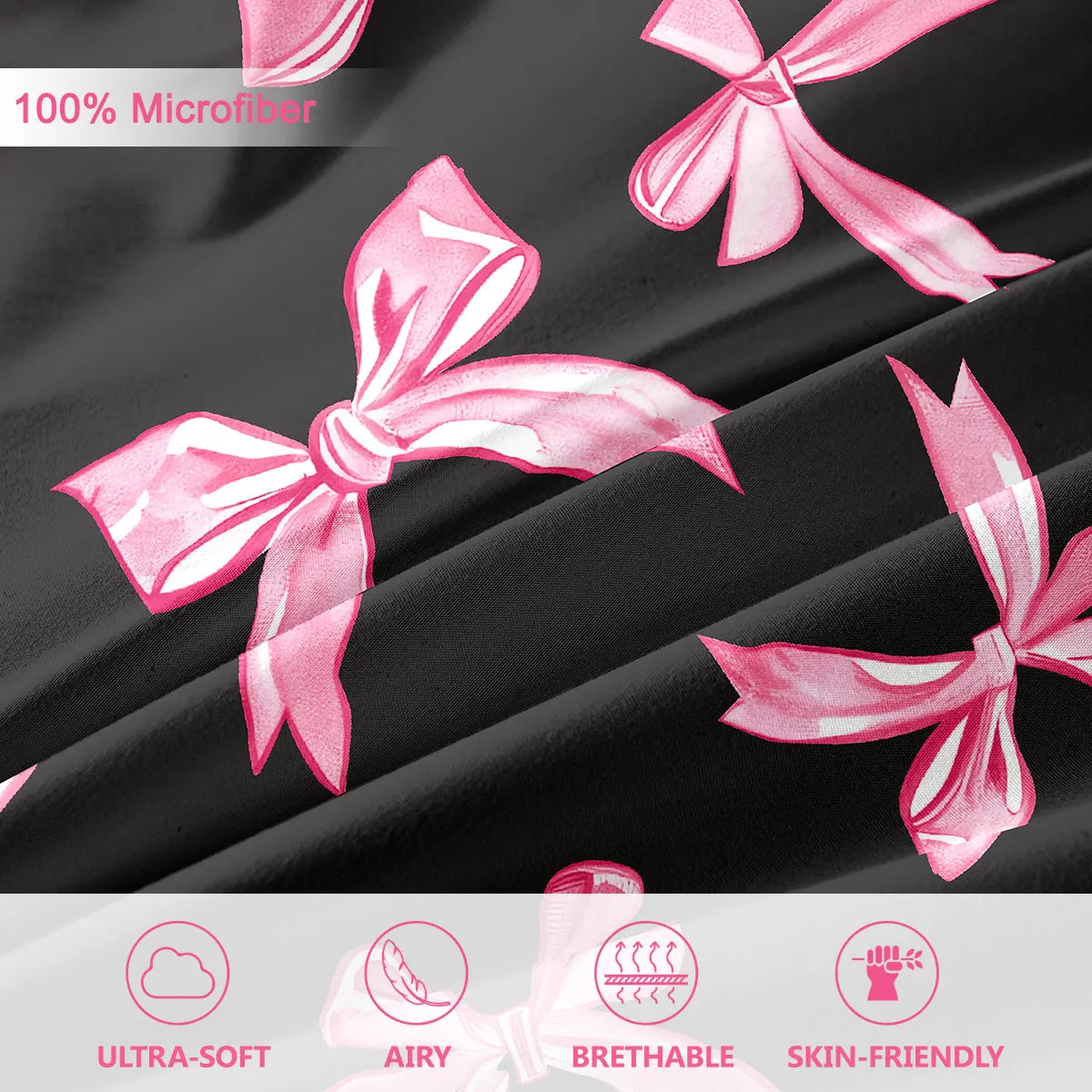 housse couette motif noeuds rose fond noir ensemble literie moderne deux taies oreillers polyester