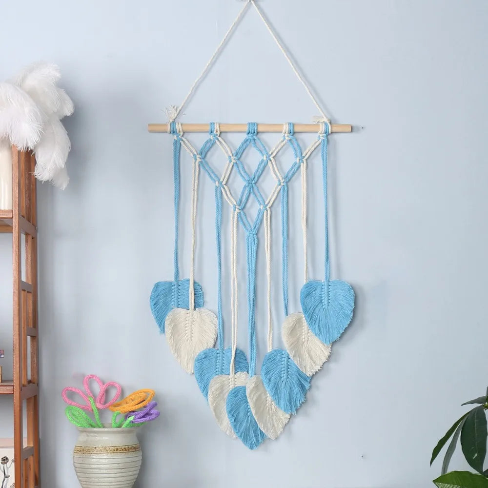 tapisserie boho chic macramé franges coeurs orange blanc bleu vert marron clair coton mur