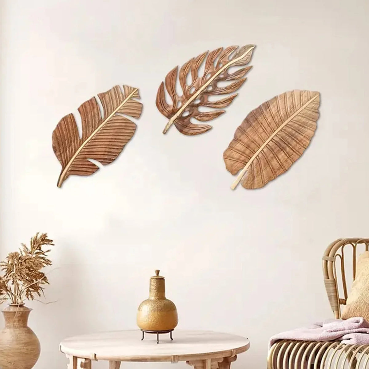 décoration murale feuilles bois naturel rustique moderne suspension intérieur marron clair beige lignes verticales