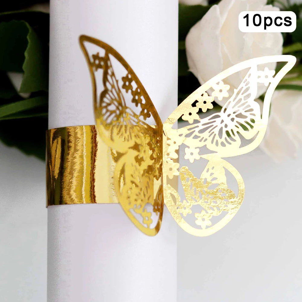serviettes enroulées papillon or élégantes adhésives ajourées bois respectueux environnement pack 10 pièces