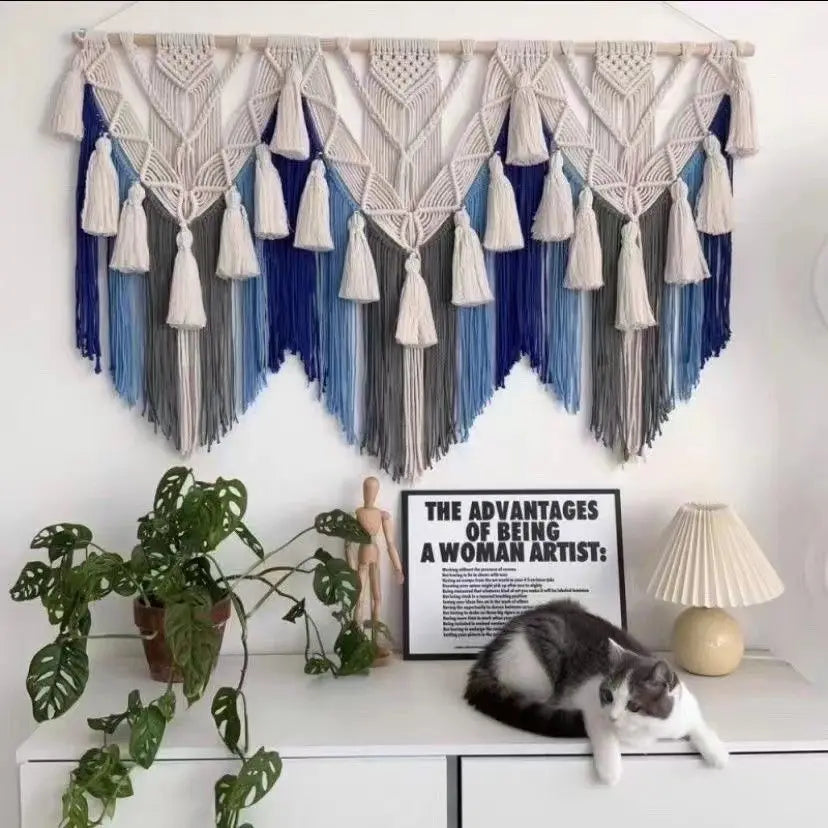 tapisserie macramé boho blanc gris bleu orange motifs géométriques franges crochet chambre