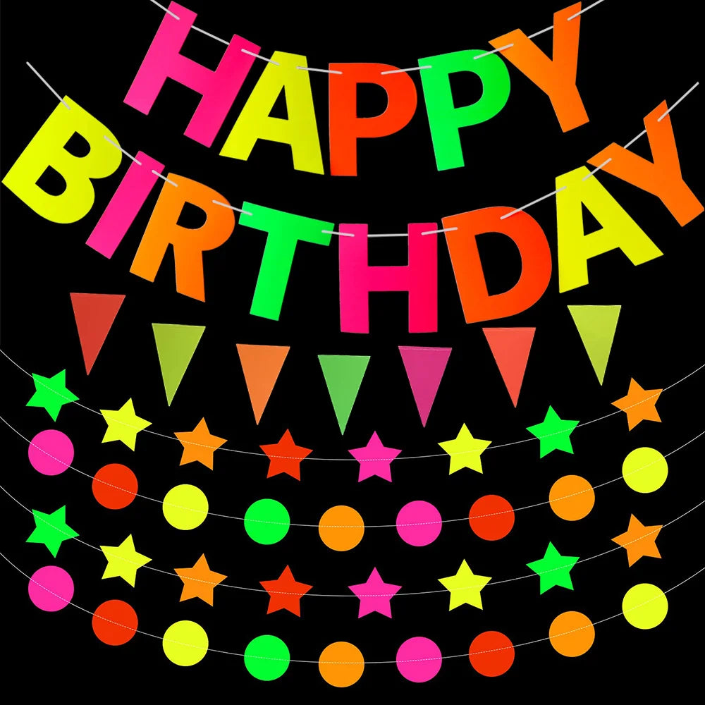 décoration anniversaire guirlande happy birthday triangles étoiles lettres uv nocturne