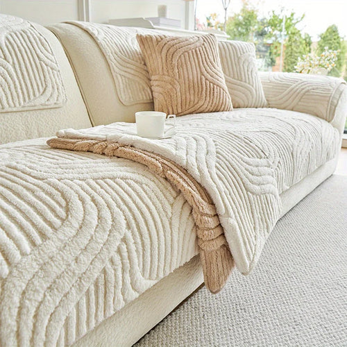 housse canapé velours motif géométrique beige clair moderne antidérapante extérieur accueil