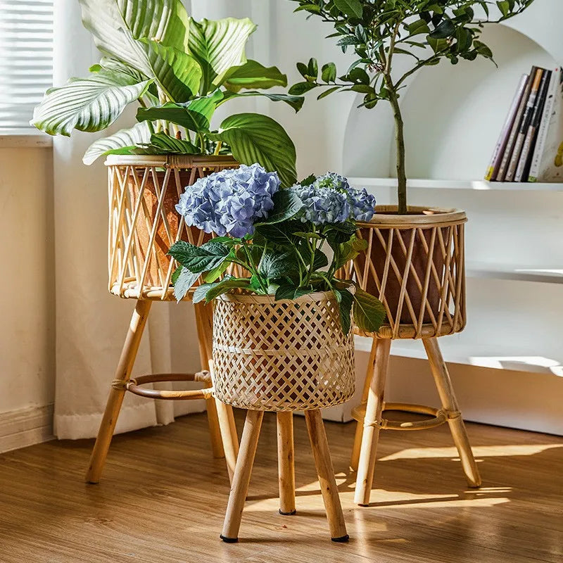 support plante tressé bois rustique conteneur fleur balcon salon naturel