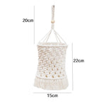 lampe suspendue boho macramé blanc cassé motifs géométriques boule bois franges decoration maison salon