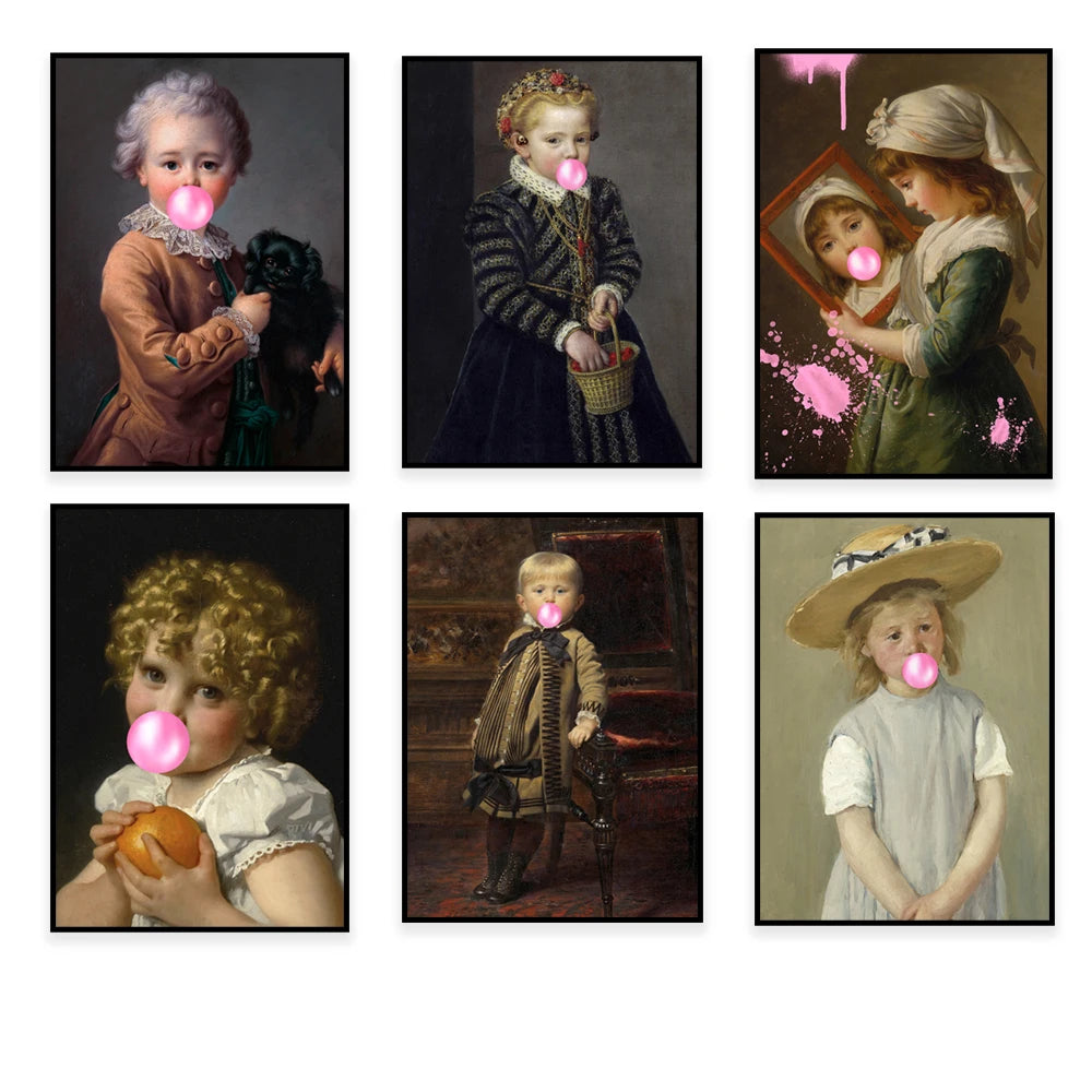 Des portraits historiques d'enfants aux bulles de chewing-gum colorées, reflétant une époque où l'innocence et le jeu prévalaient.