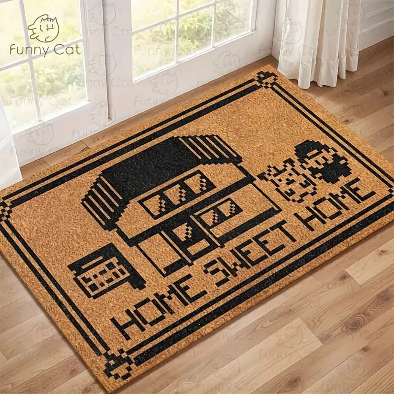 tapis d'entrée marron clair motif maison fenêtres texte SWEET moderne extérieur porte floral