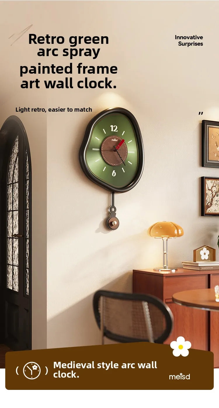 horloge murale vert noir texture cuir aiguille batterie living room retro moderne