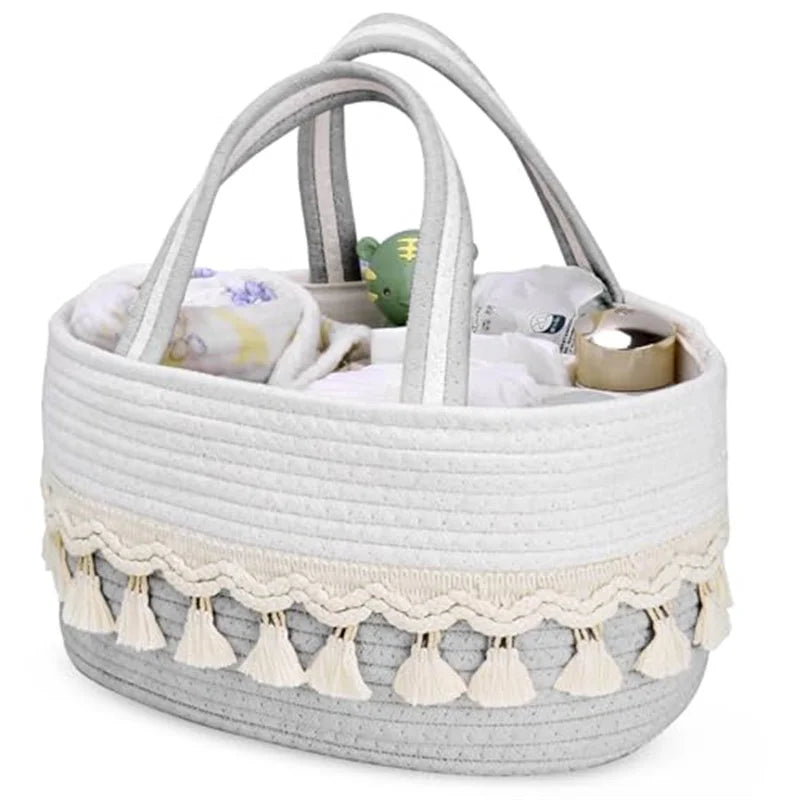 panier tressé rangement couches lingettes bébé rustique gris blanc beige
