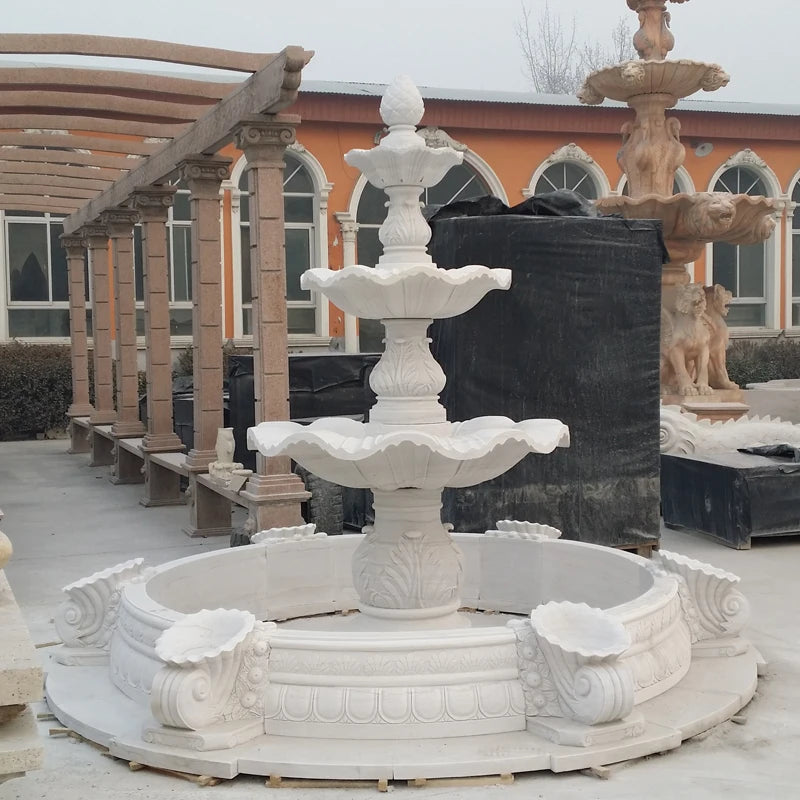 fontaine d'eau marbre noire blanche ornements floraux classique baroque jardinextérieur decoration handcarved polishedsurface