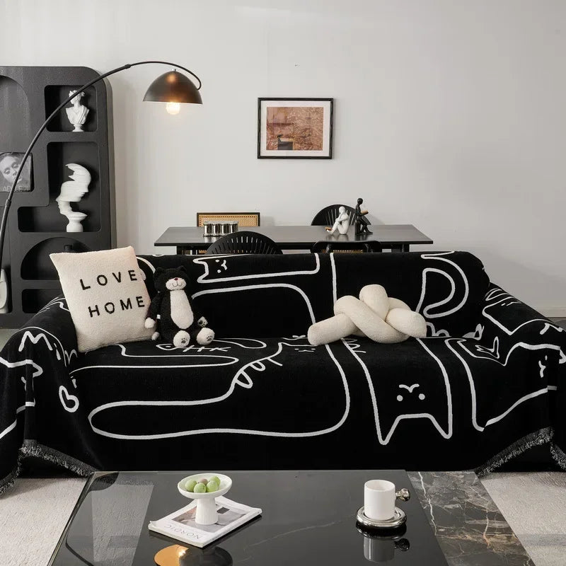 couverture canapé moderne motif chats blanc noir oreiller peluche décorative