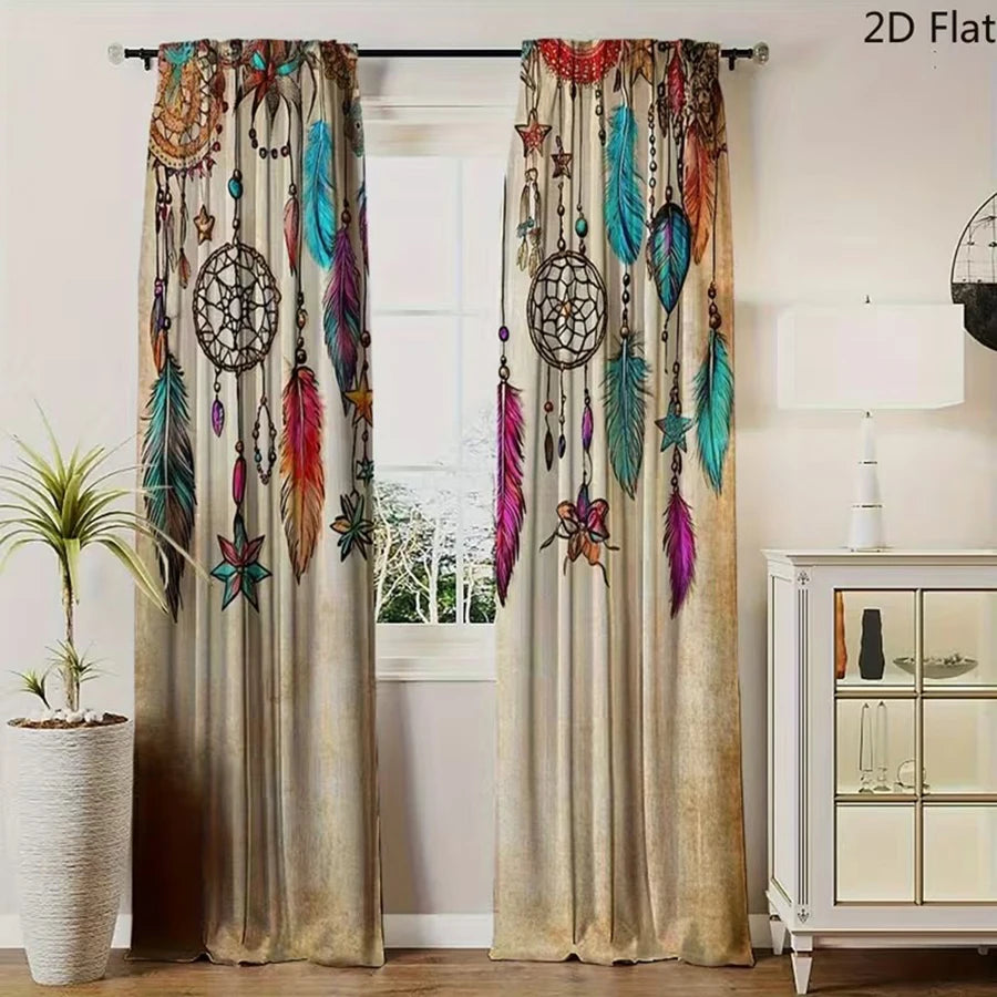 rideau ethnique bohème imprimé plumes étoiles anneaux beige multicolore moderne maison