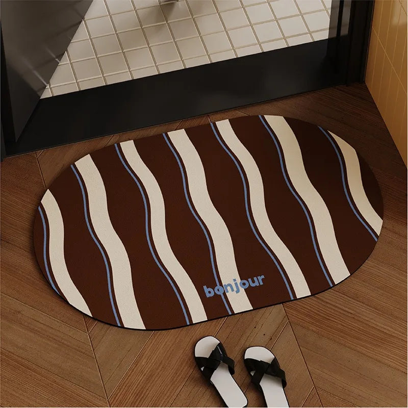 tapis bain marron beige bleu rayures ondulées retro absorbant antidérapant intérieur PVC