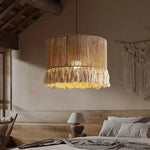suspension lumineuse boho tissu tressé franges beige blanc rustique