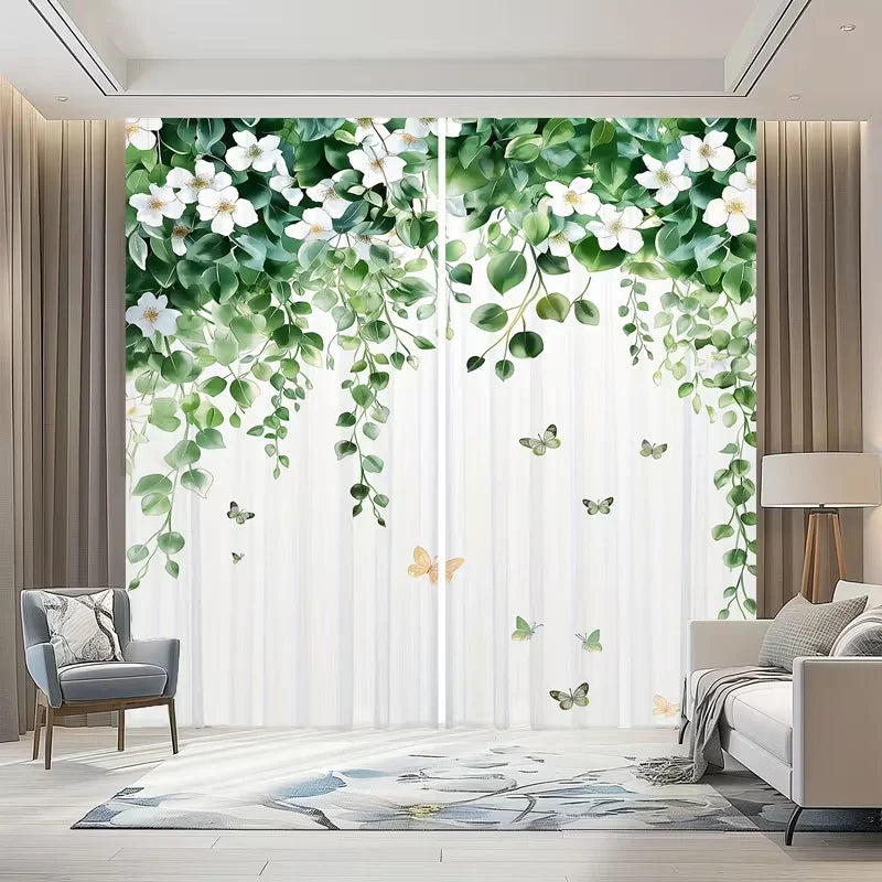 rideaux transparents vert blanc motifs fleurs papillons moderne fenetre polyester