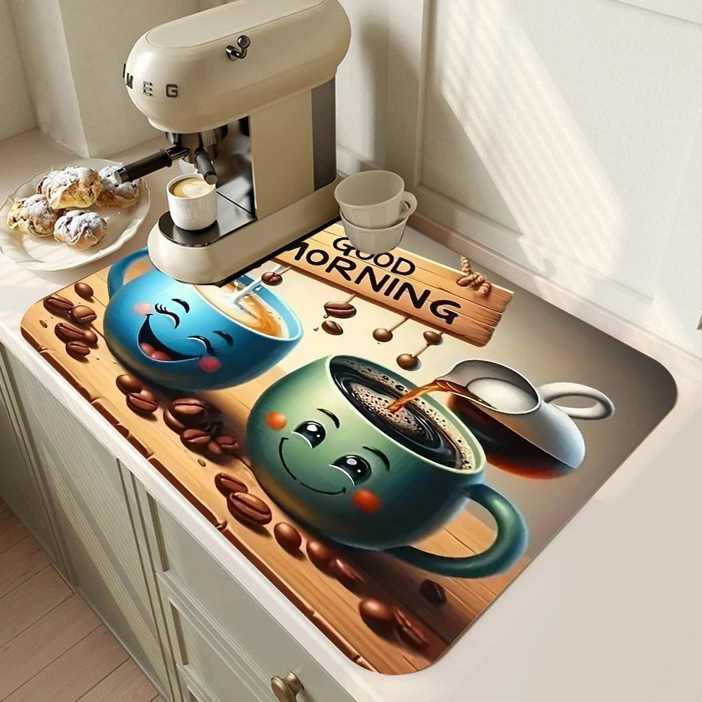 tapis cuisine absorbant gris motif machine espresso antidérapant étanche évier moderne