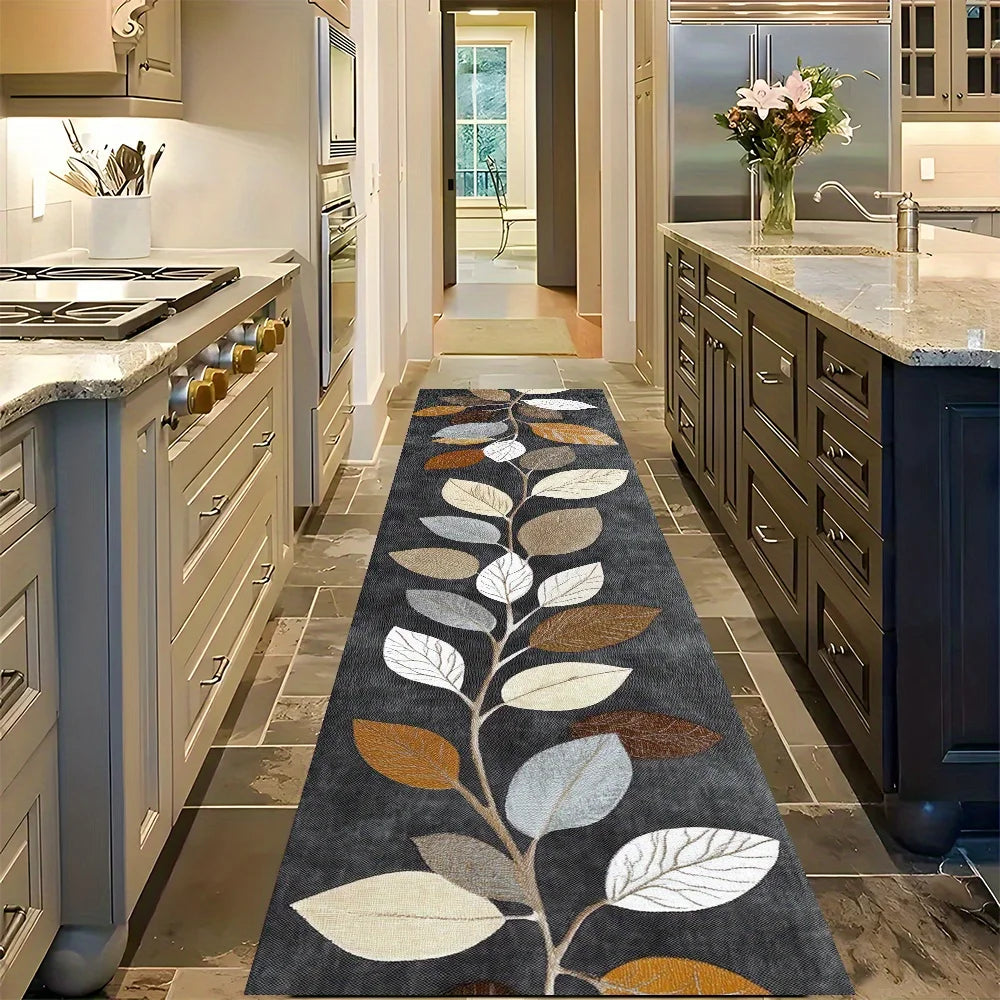 tapis gris foncé feuilles stylisées moderne résistant l'éclaboussure cuisine entrée chambre salon anti dérapant