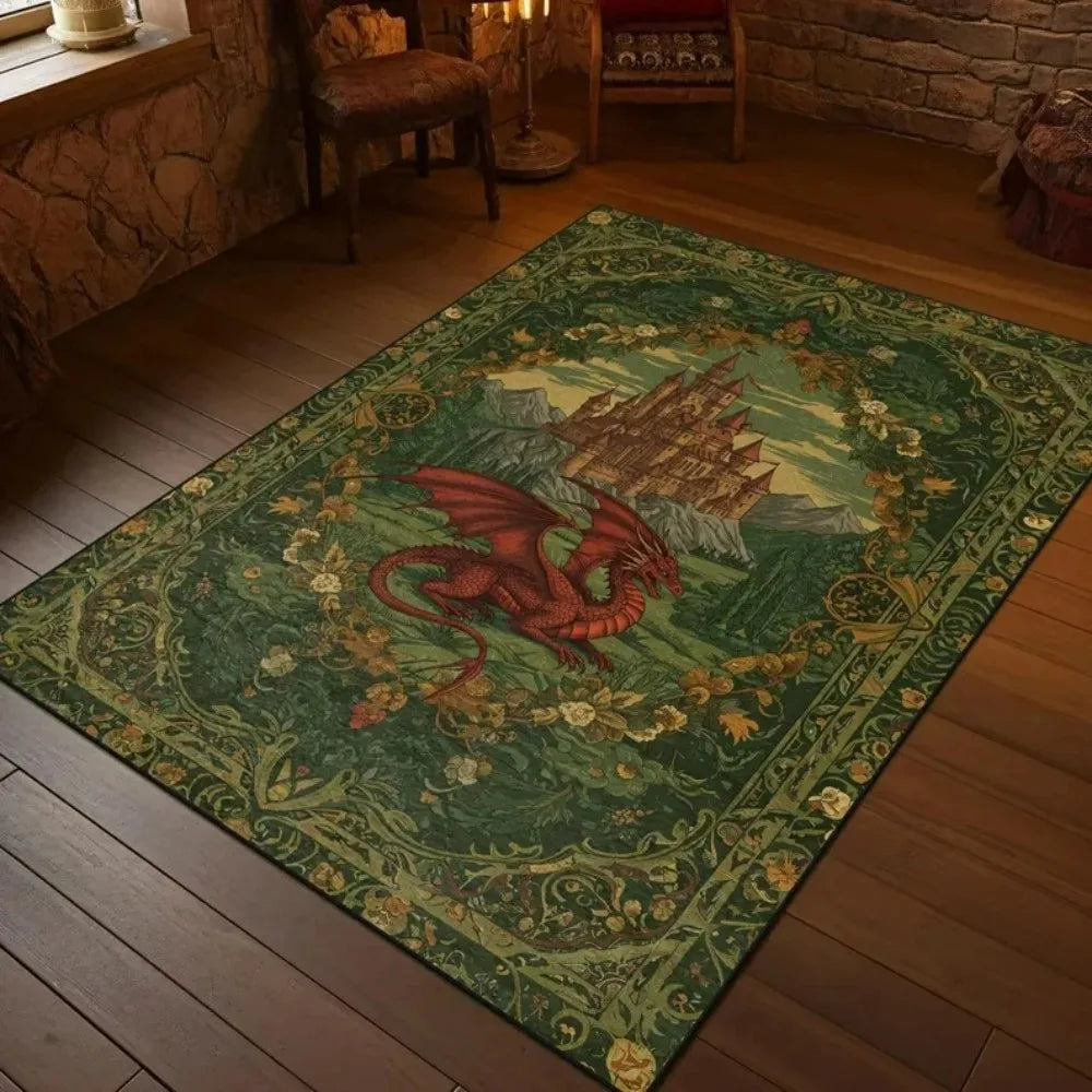 tapis médiéval dragon chevalier décoratif salon chambre motif classique rétro fleurs vert rouge noir