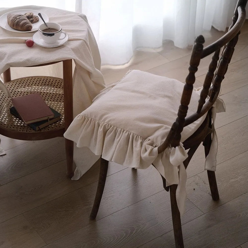 housse chaise rustique motif volants coton polyester beige blanc fixations rubans