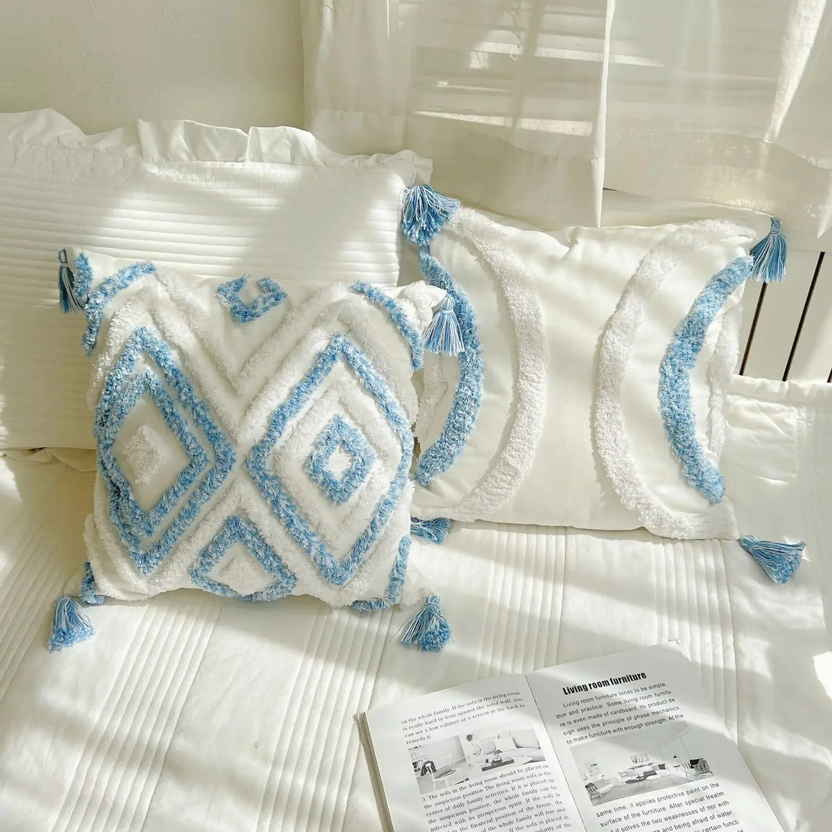 coussins bohèmes 3d franges taies d'oreiller décoratives géométriques brodés moderne blanc bleu clair polyester