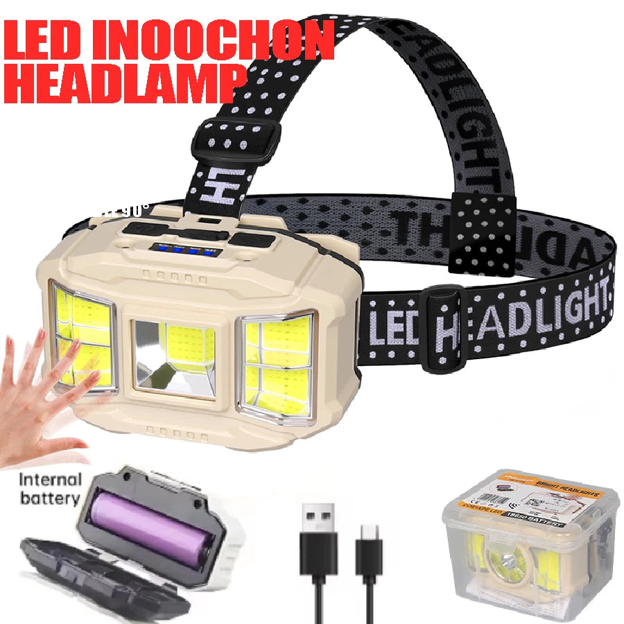 lampe frontale led beige rechargeable usb ceinture ajustable modes éclairage pratique robuste