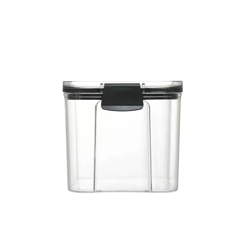 boîtes rangement alimentaire transparentes poignées noires multiple tailles réutilisables modernes pratiques épices pâtes graines