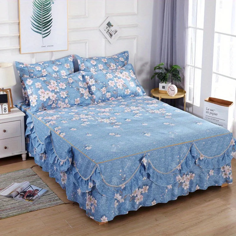 ensemble literie floral rose bleu couvre lit taies oreiller romantique feminin franges lit 150x200cm