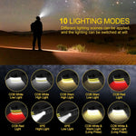 lampe frontale rechargeable led noir blanc rouge jaune rayures horizontales induction lumineuse modes ipx4