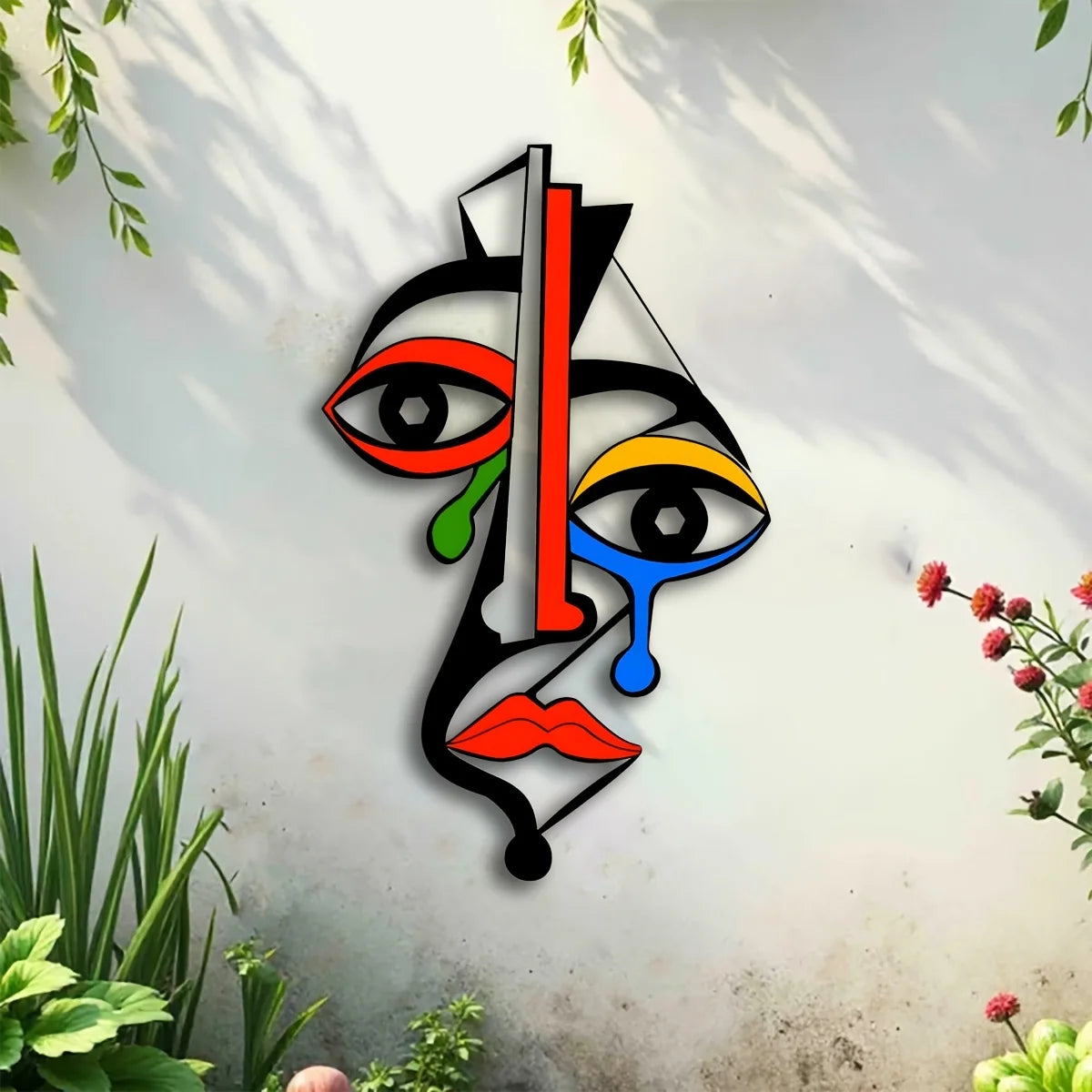 sculpture murale abstraite géométrique contemporaine rouge noir verte bleue blanche living room decoration