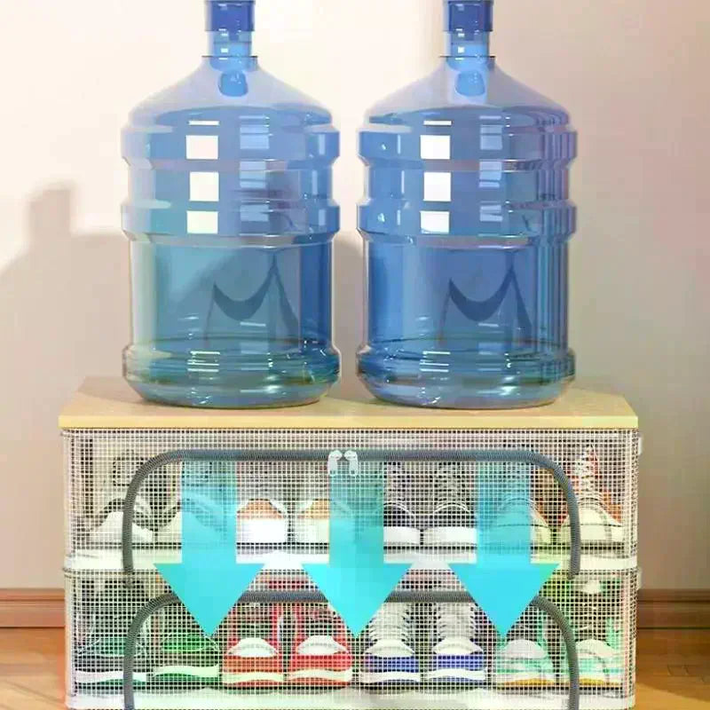 rangement chaussures transparent structure grille moderne paires sport bouteilles eau flèches ventilation