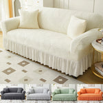housse canapé jupe motif feuilles jacquard beige vert pastel oreillers assortis