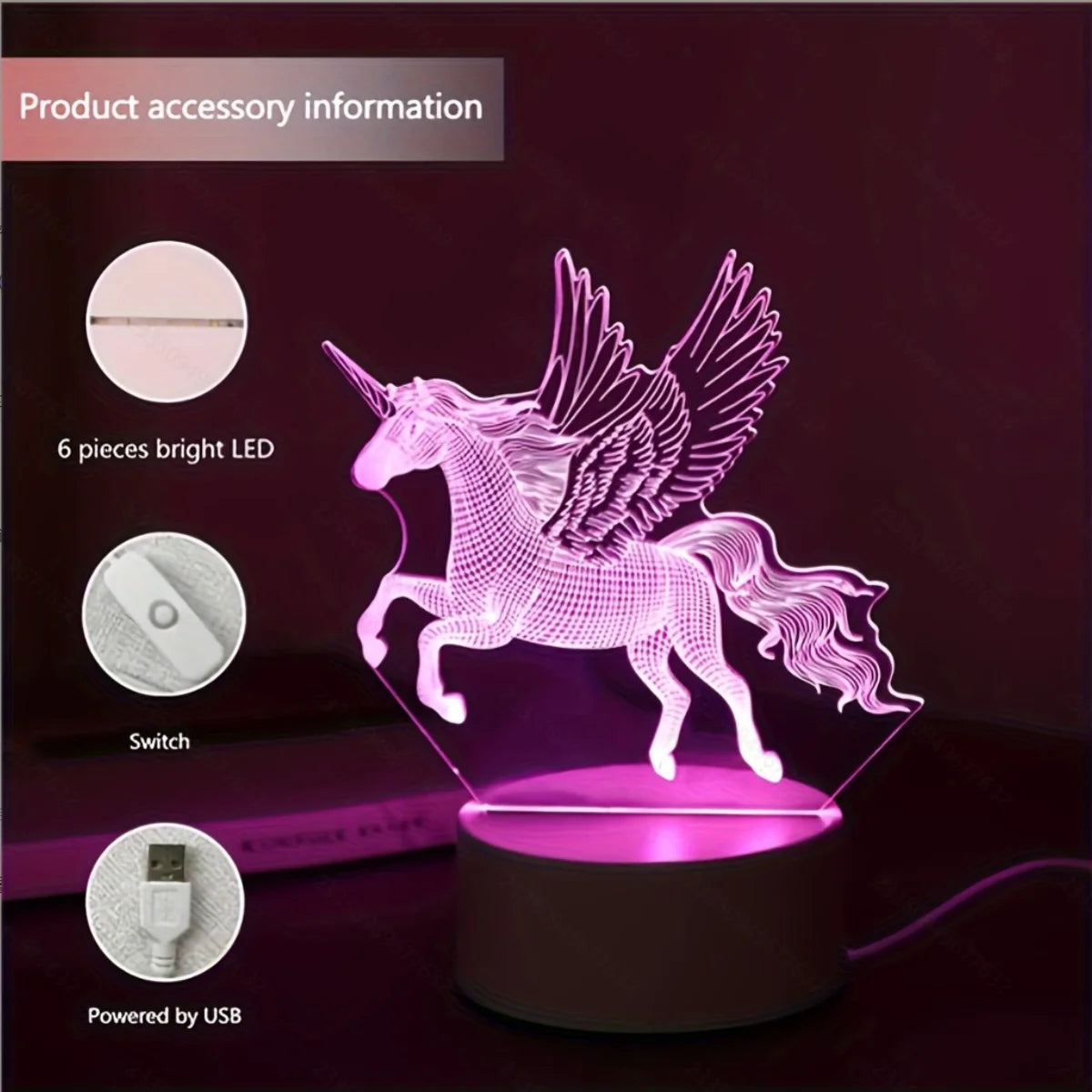 veilleuse nuit 3d licorne ailée moderne interrupteur câble usb blanc rose chambre coucher ambiance