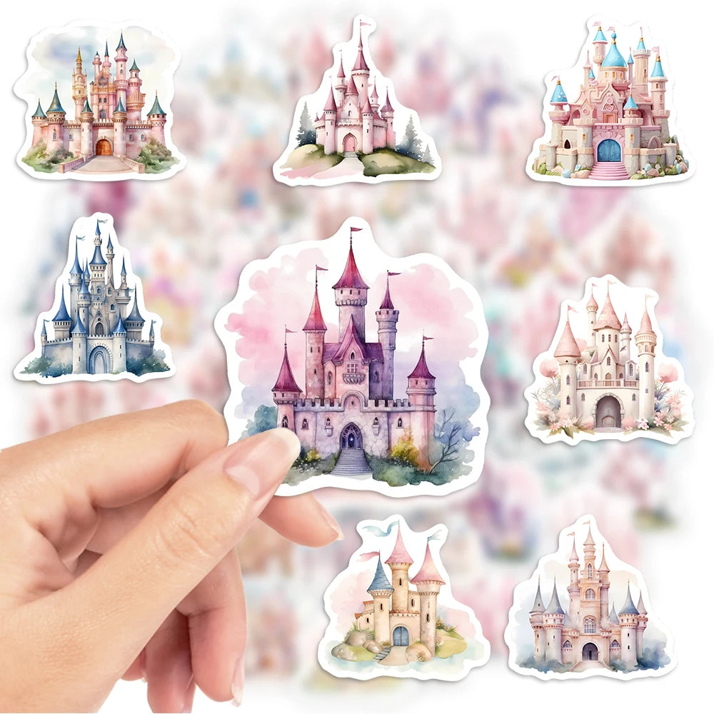 autocollants châteaux peinture aquarelle nuages coeurs fleurs multicolore waterproof diy bricolage scrapbook bouteilles