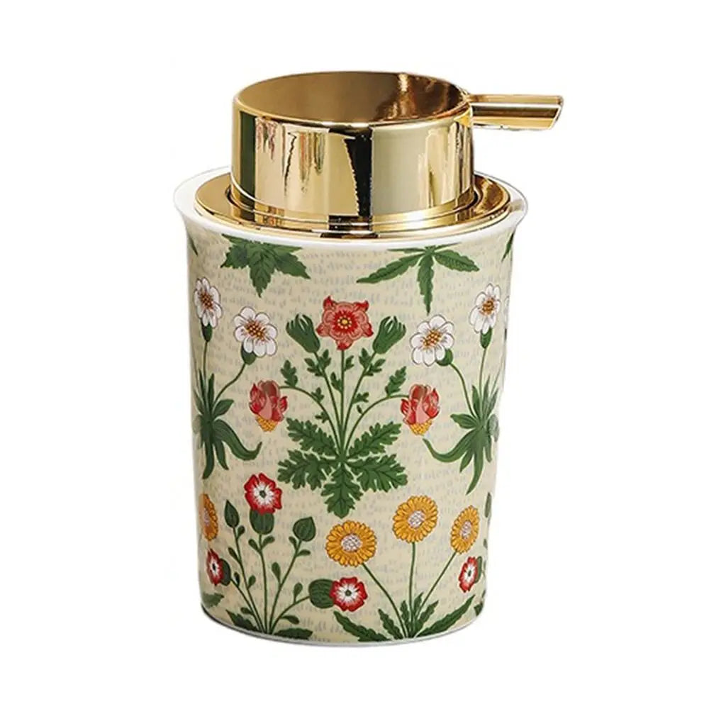 distributeur savon liquide mousse floral vintage blanc rouge vert or