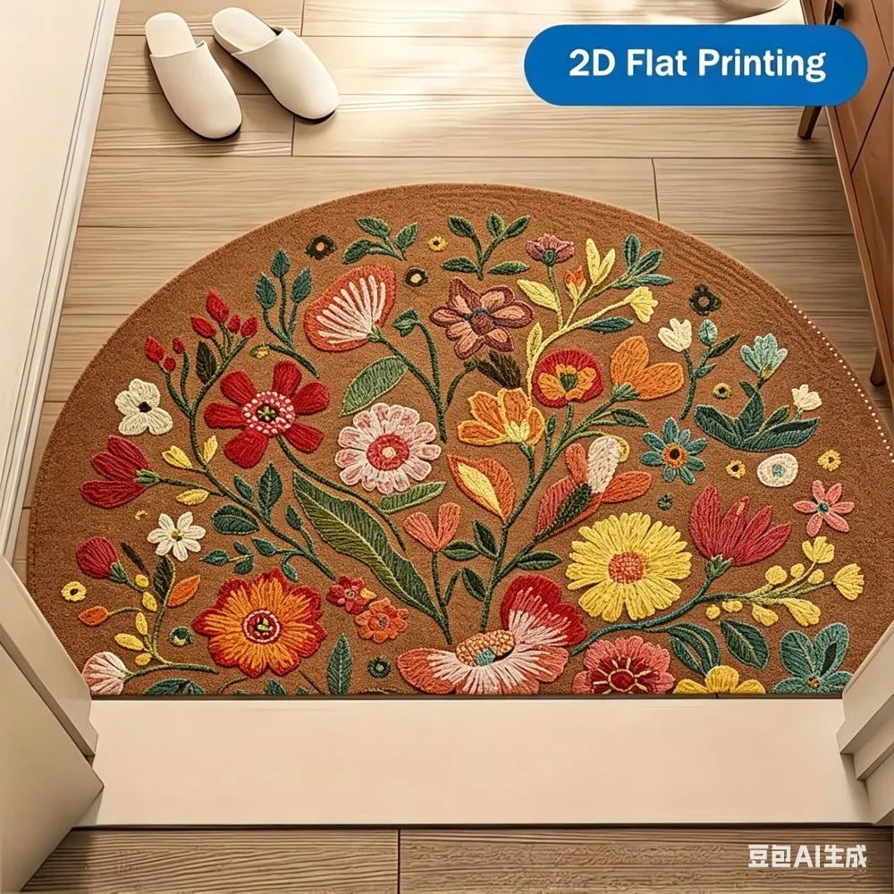 tapis demi cercle fleurs colorées moderne polyester antidérapant intérieur extérieur 40x60cm 50x80cm 60x90cm