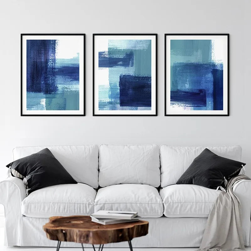toile d'art abstraite contemporaine bleu gris blanche peinture aquarelle minimaliste sans cadre