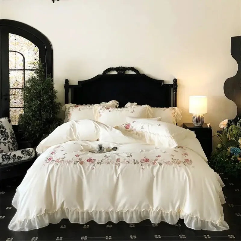 ensemble literie rose clair broderie fleurs papillons queen size coton égyptien 1000tc doux respirant