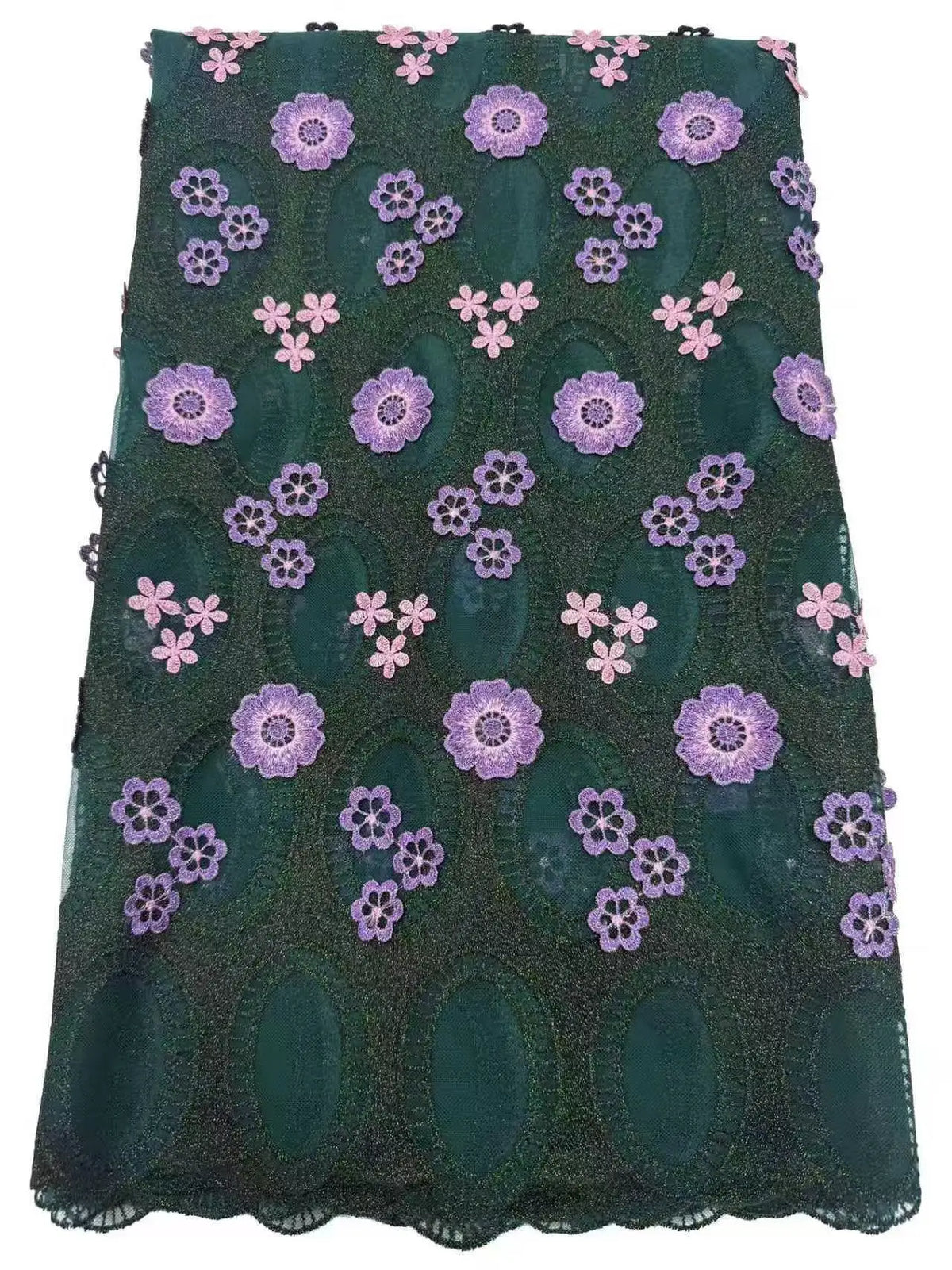 tissu dentelle africaine broderie fleurs géométriques vert foncé violet doré occasion party