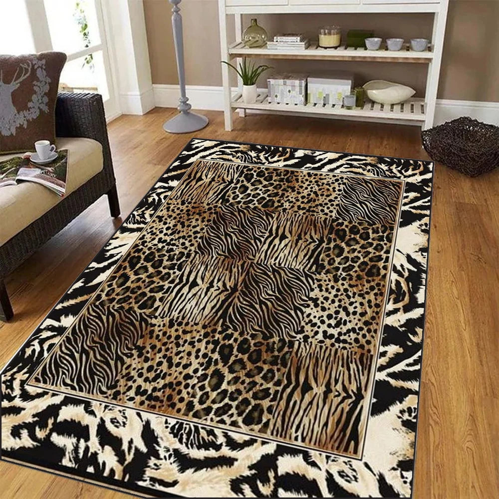 tapis salon moderne motif léopard imprimé animalier décoratif chambre maison grand polyester noir