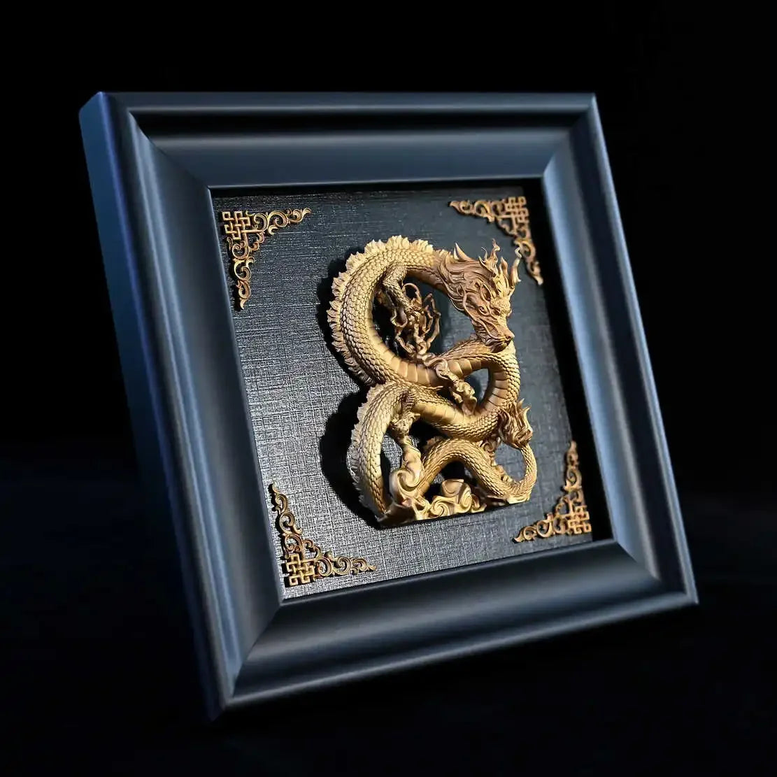 Sculpture dragon or noir relief géométrique artisanal traditionnel 125x125mm