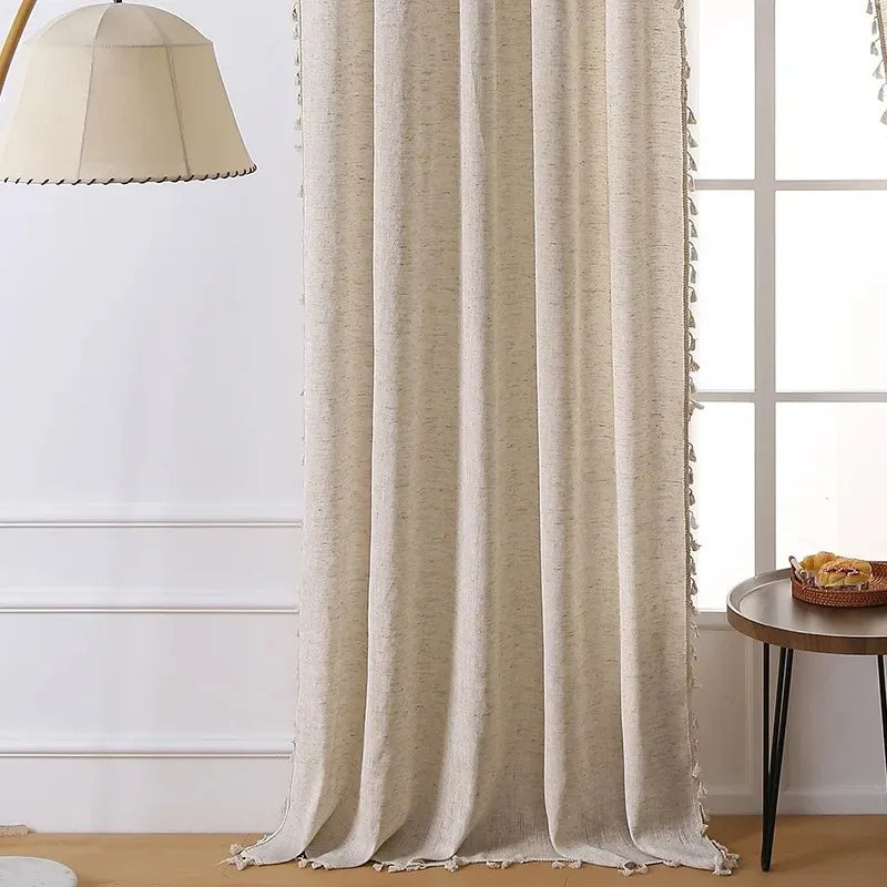 rideau boho chic beige clair tassel opacité tissage léger franges chambre salon