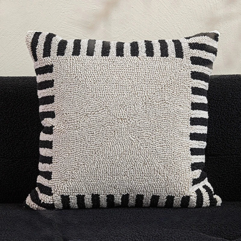 coussin noir blanc brodé géométrique moderne fixé 45x45cm décoration