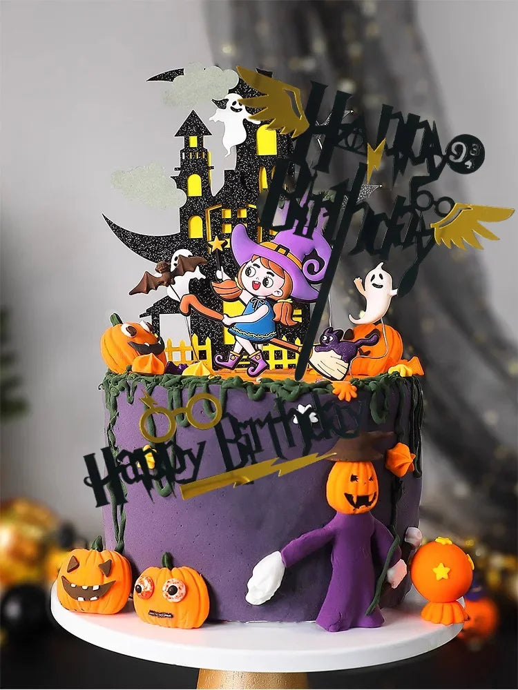 décoration gâteau thème harry potter halloween château baguette magique lunettes chapeau balai fantômes citrouilles