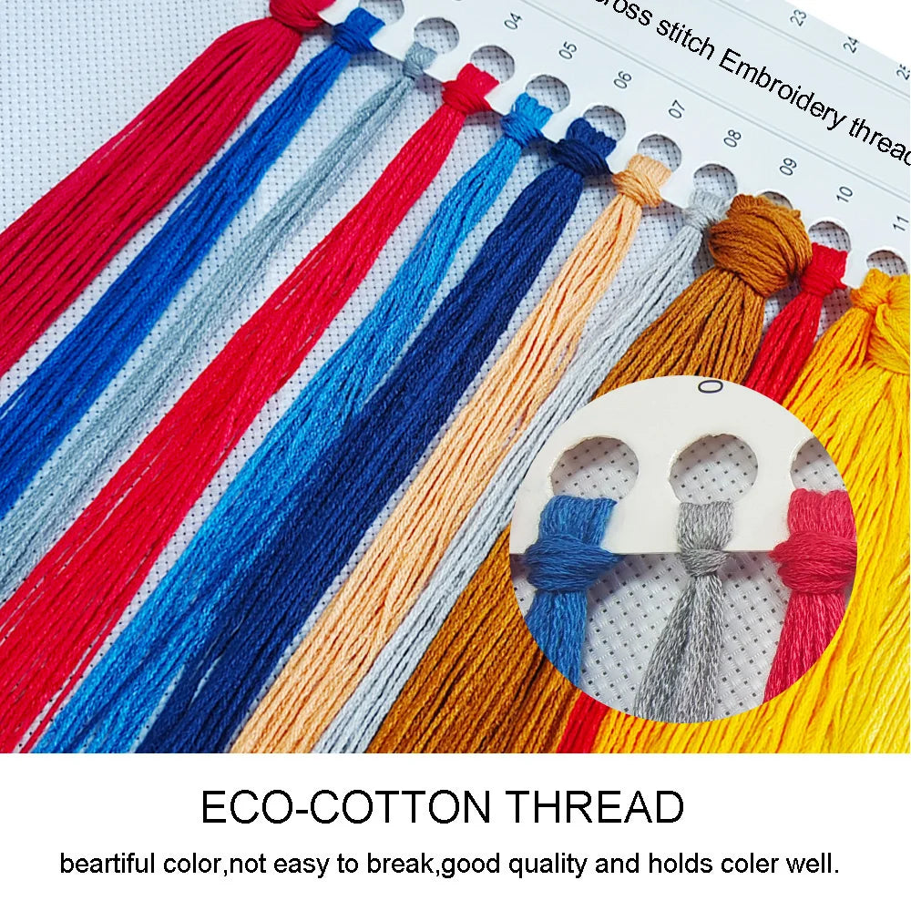 kit broderie multicolore motifs variés toile imprimée coton 11ct 14ct instructions aiguilles artisanal traditionnel
