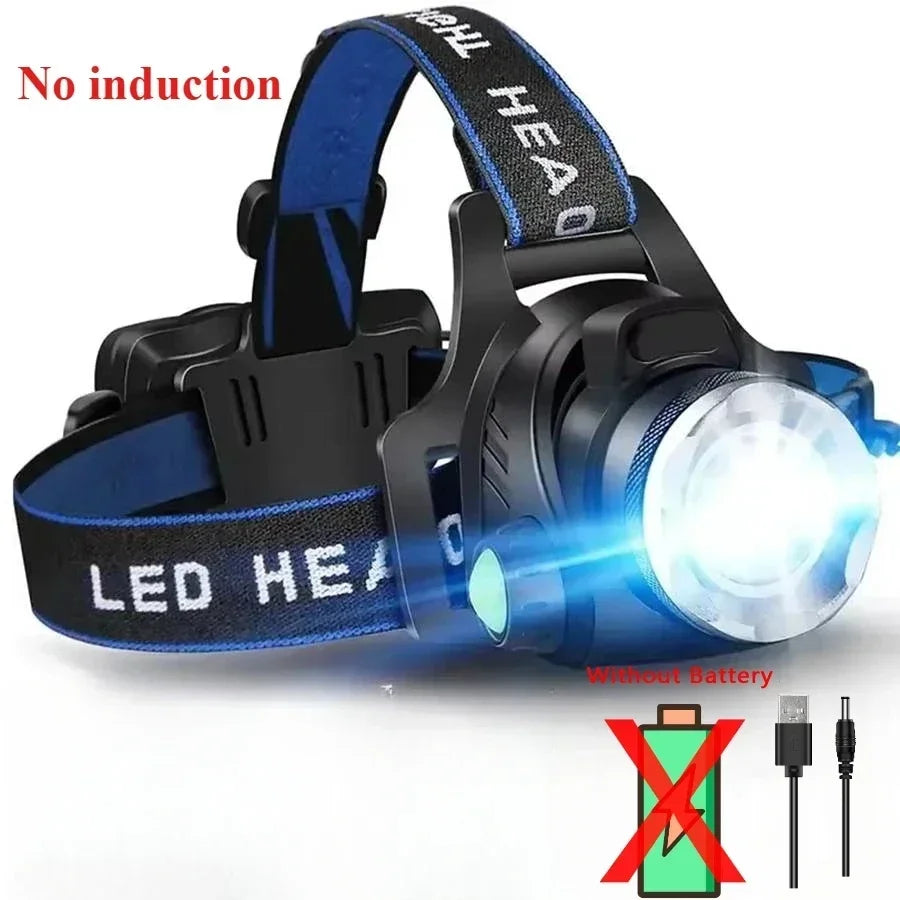lampe frontale led rechargeable 15w modes nuit pêche course tissu bleu noir adjustable