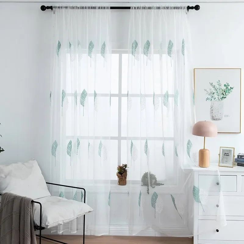 rideau moderne feuilles stylisées blanc vert clair transparent polyester chambre salon
