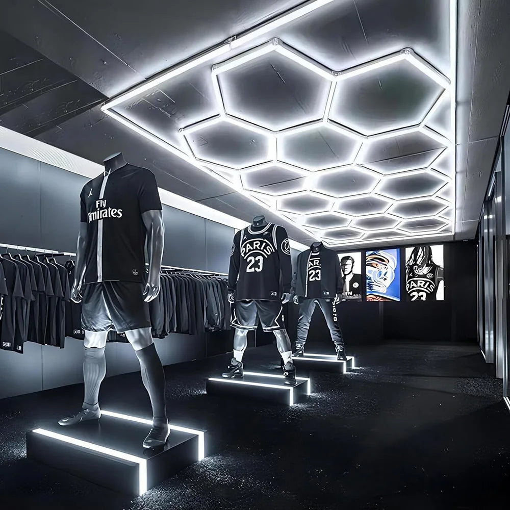 plafonnier led blanc moderne forme hexagonale nid d'abeille salon salle conférence